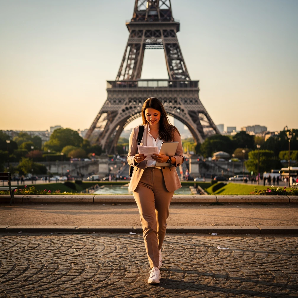 Etudiante belge avec la Tour Eiffel en arriere-plan a Paris, assurance stage a l'etranger 2026